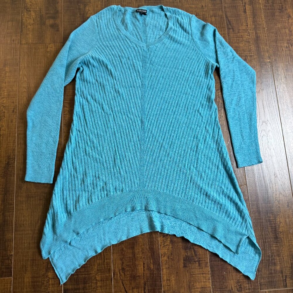 Eileen Fisher Ribbed Sweater Turquoise Asymmetrical Pullover Wool Women's Medium